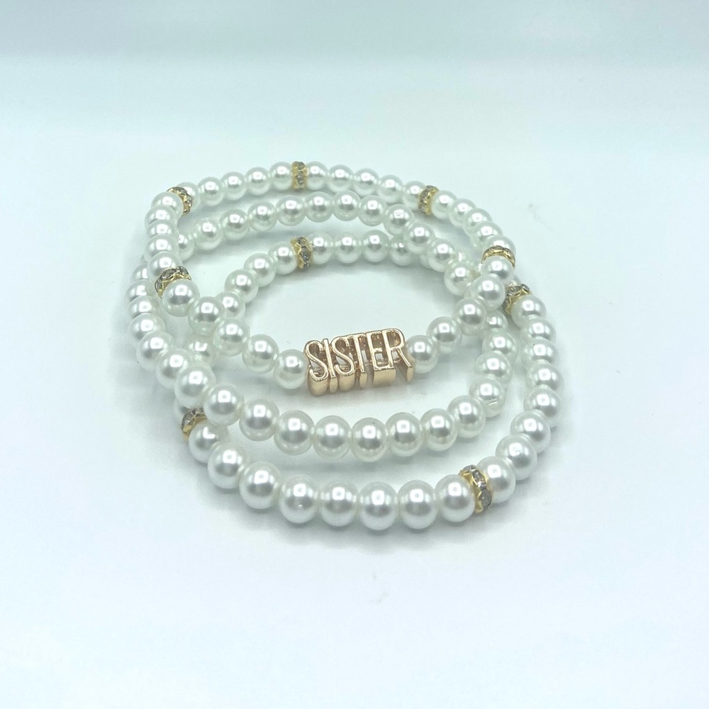 White Beaded Bracelet Set “sister”